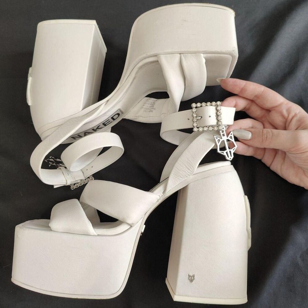 RARE ♡ Naked Wolfe ♡ Jingle Platform Strappy Sandal Heels in White - Picture 4 of 8